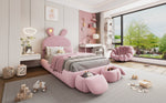 Upholstered Bed Single Bunny Ears LED Storage Stools Velvet Pink 90x200cm
