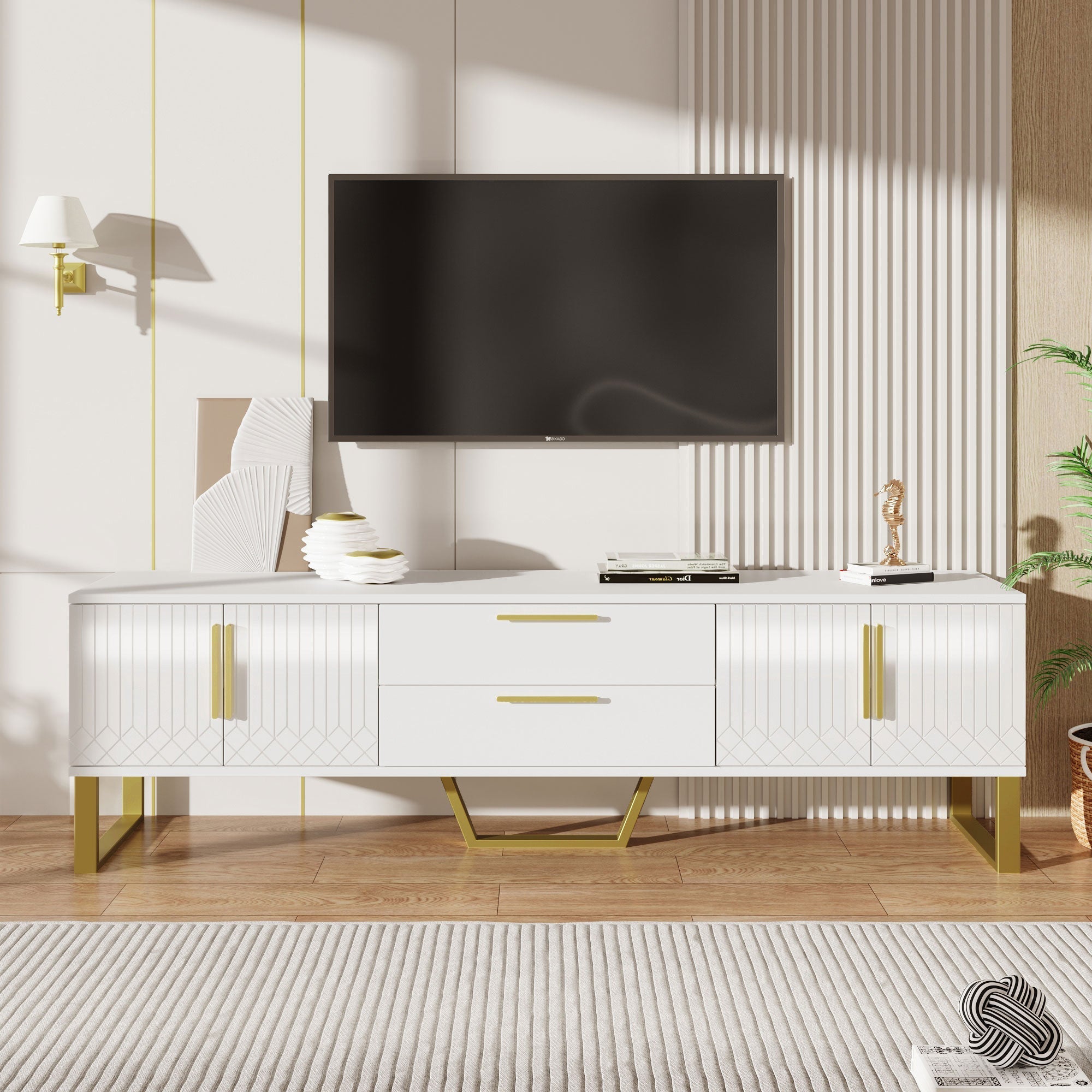 High-Gloss TV Cabinet Engraved Door Gold Handles & Feet Storage