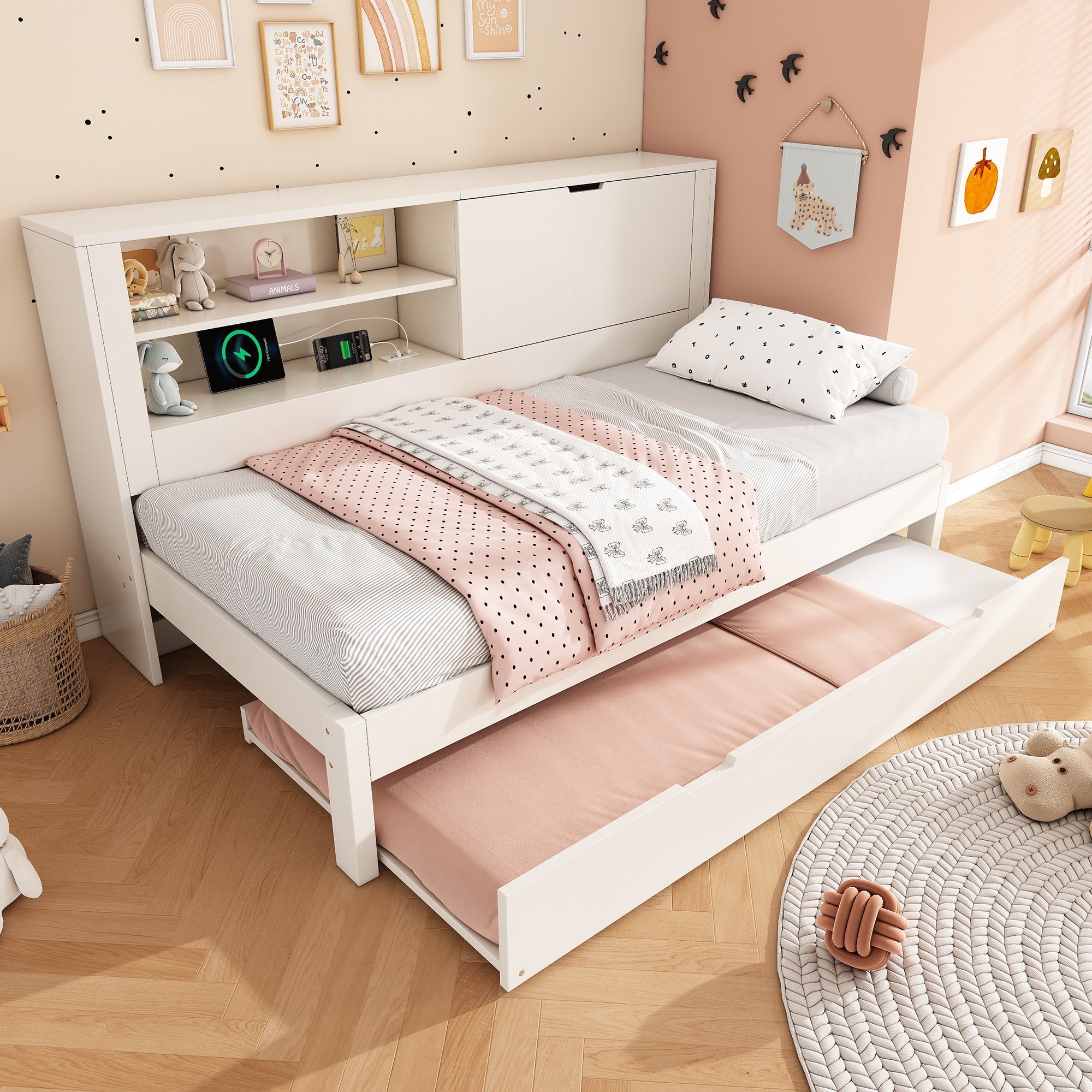 Sofa Bed with Pull-out Bed and Storage Back Panel, USB/USB-C Charging Station, White