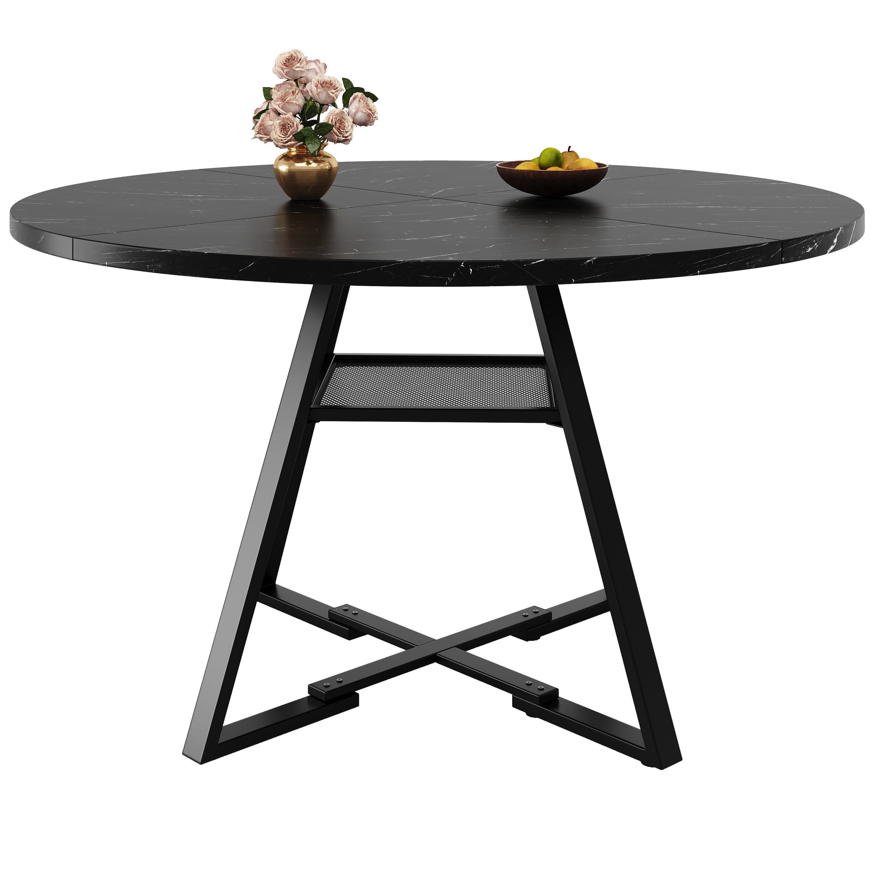 Round Dining Table Metal Legs Marble Look - Black/White
