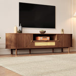 Modern TV Cabinet Rattan Drawers Open Shelves Rounded Top Wood Look Metal Legs