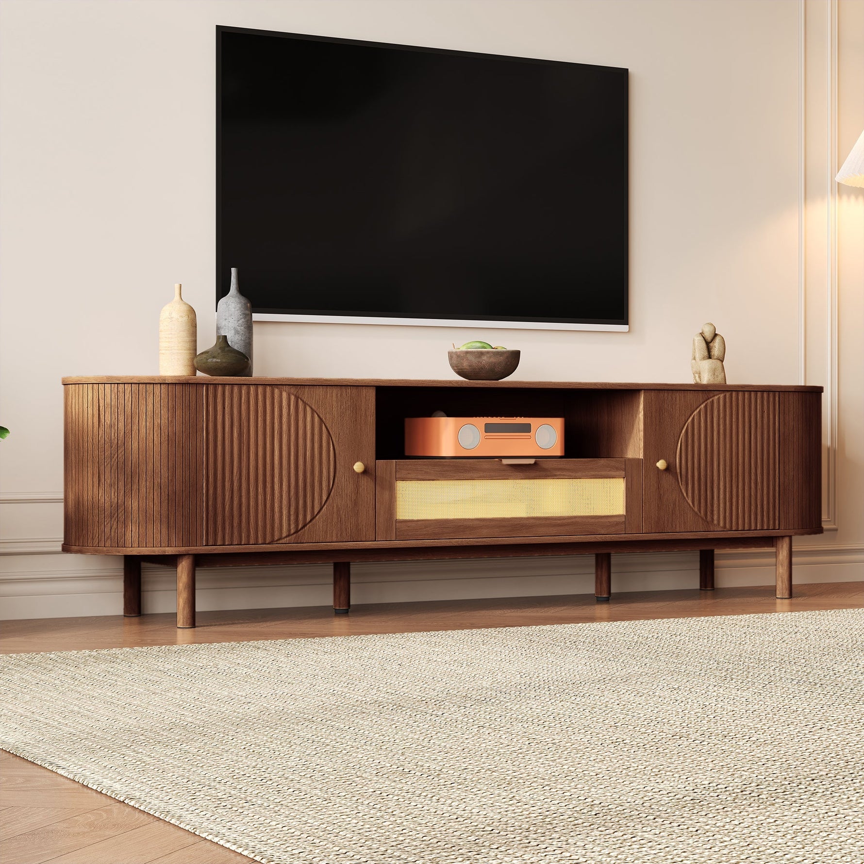 Modern TV Cabinet Rattan Drawers Open Shelves Rounded Top Wood Look Metal Legs