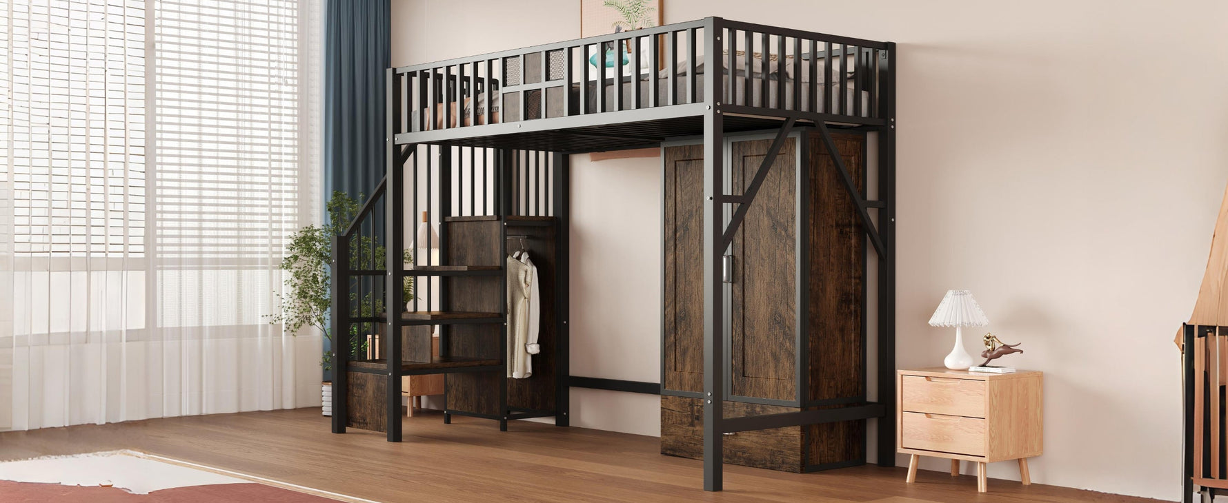 Metal Loft Bed 90x200cm Wardrobe Drawers Storage Ladder - Black