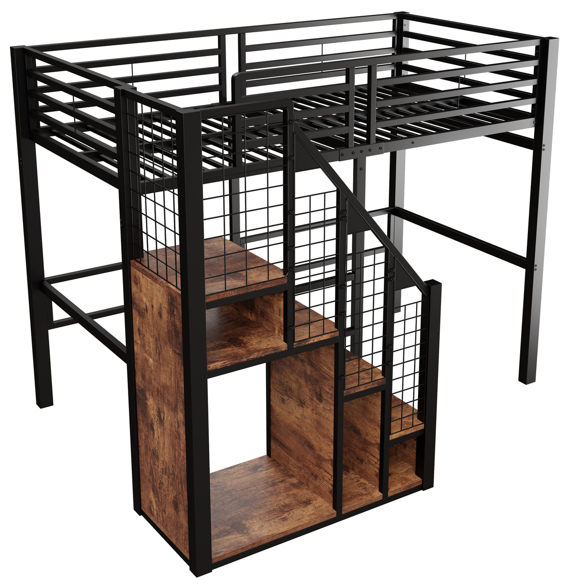 Bunk Bed with Safety Ladder 90x200 & Storage, Black Iron Frame
