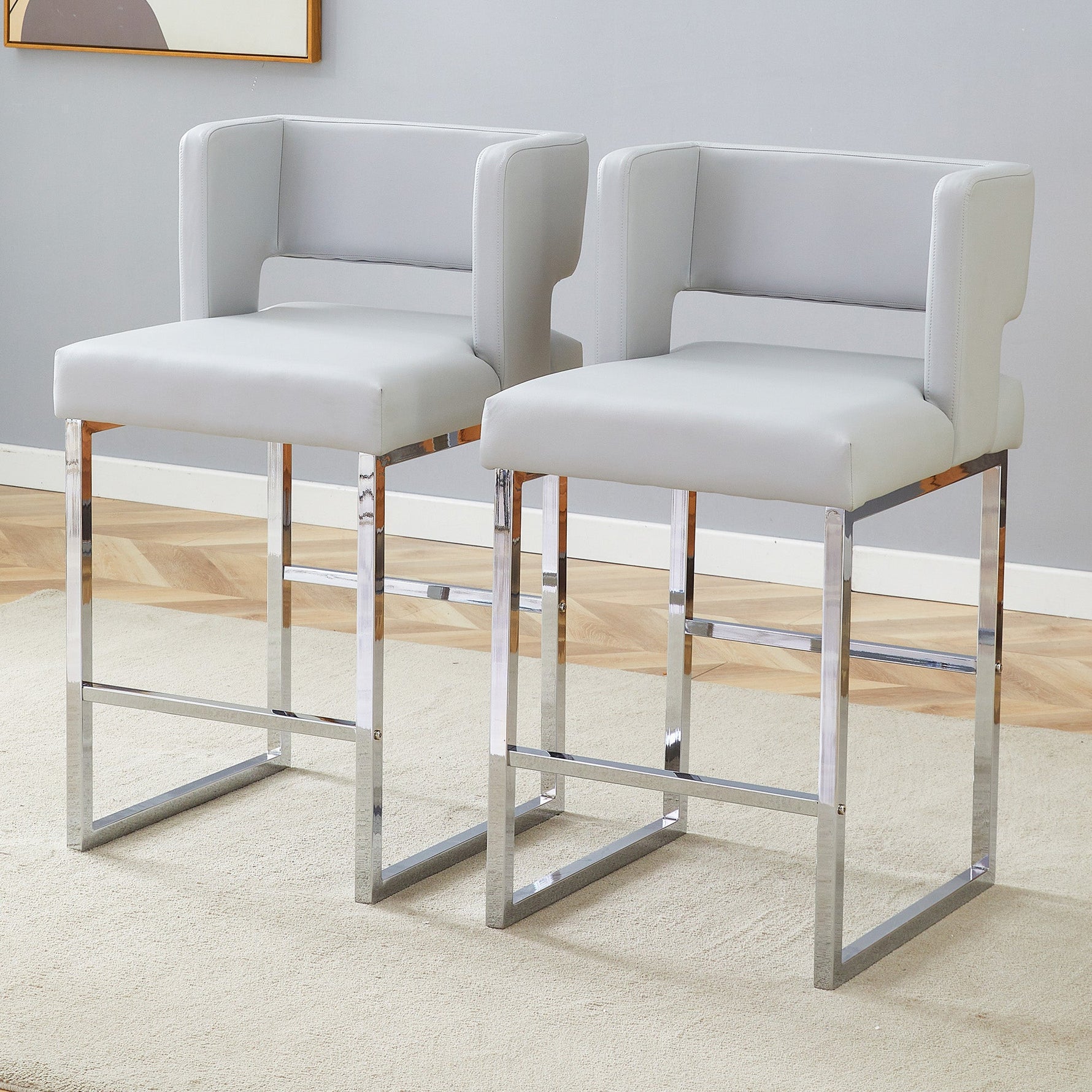 Nordic Bar Chairs Set of 2 Modern Square Design Silver Metal Legs Light Grey