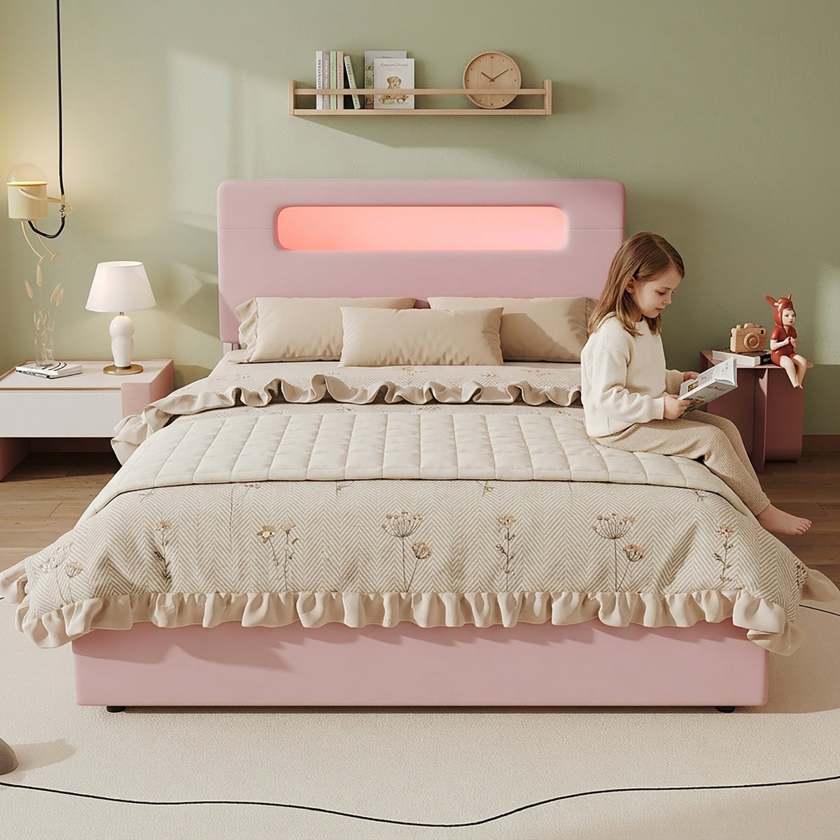 Children's Upholstered Bed 140x200cm with 4 Drawers & LED, Pink