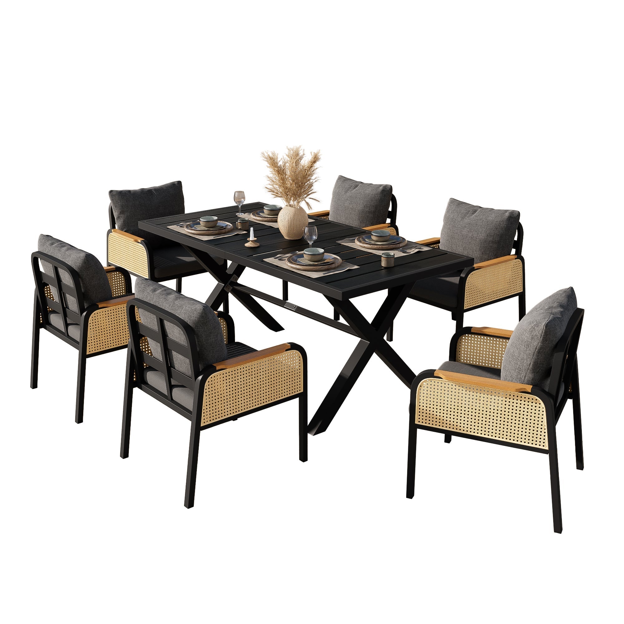 Modern Outdoor Sofa Set with Woven Armrests and Seat Cushions, Iron Frame