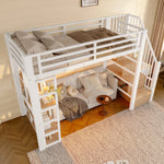Loft Bed with Storage Steps, LED Lights and Iron Frame, 90 x 200 cm, White
