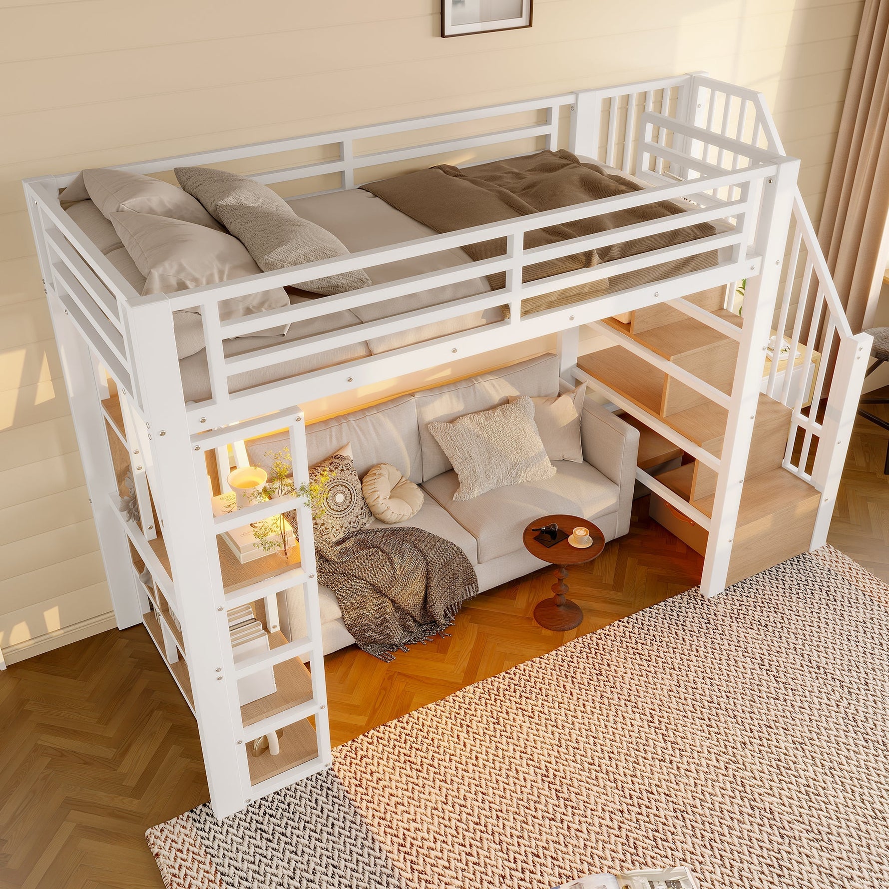 Loft Bed with Storage Steps, LED Lights and Iron Frame, 90 x 200 cm, White