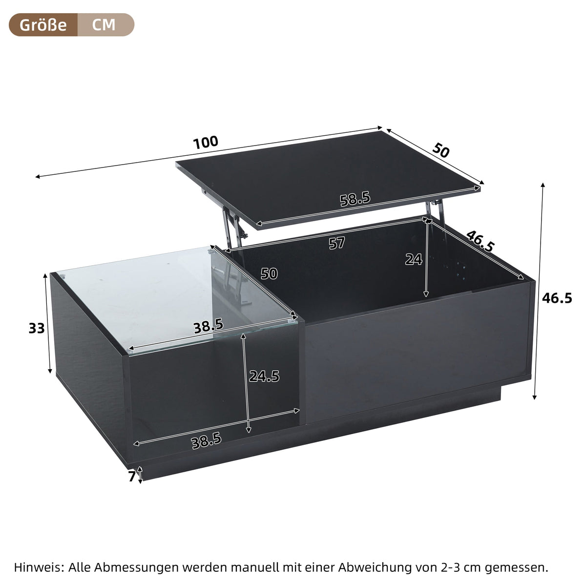 LED Coffee Table, Height-Adjustable with Hidden Storage and Shelf, High-Gloss