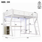 Loft Bed 140x200cm with Desk & Shelves, Light Strip, White Iron