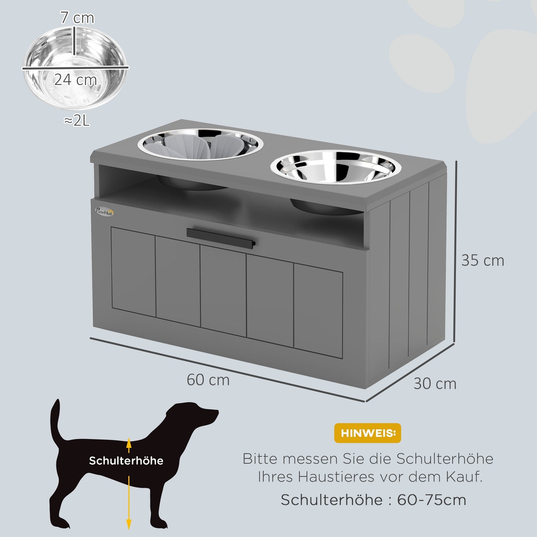 Dog Bowls, Elevated Feeding Station with 2 Stainless Steel Bowls, Gray