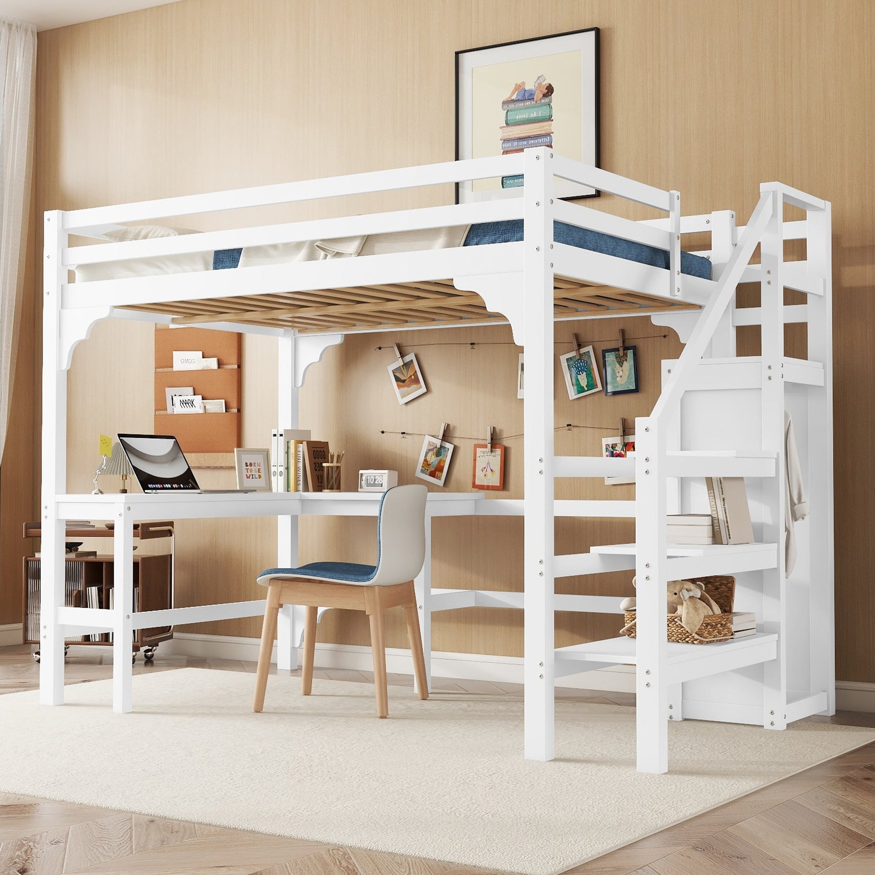 Loft Bed 140x200cm L-Shaped Desk Open Wardrobe Pine Wood White