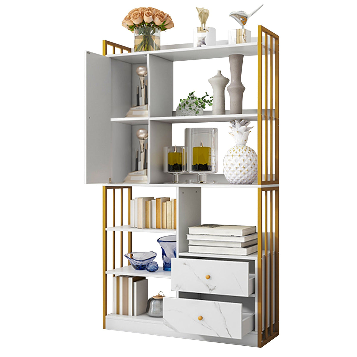 Bookcase, 6-Shelf Vertical with Doors & Drawers, Industrial Steel, White Marbled with Gold Frame