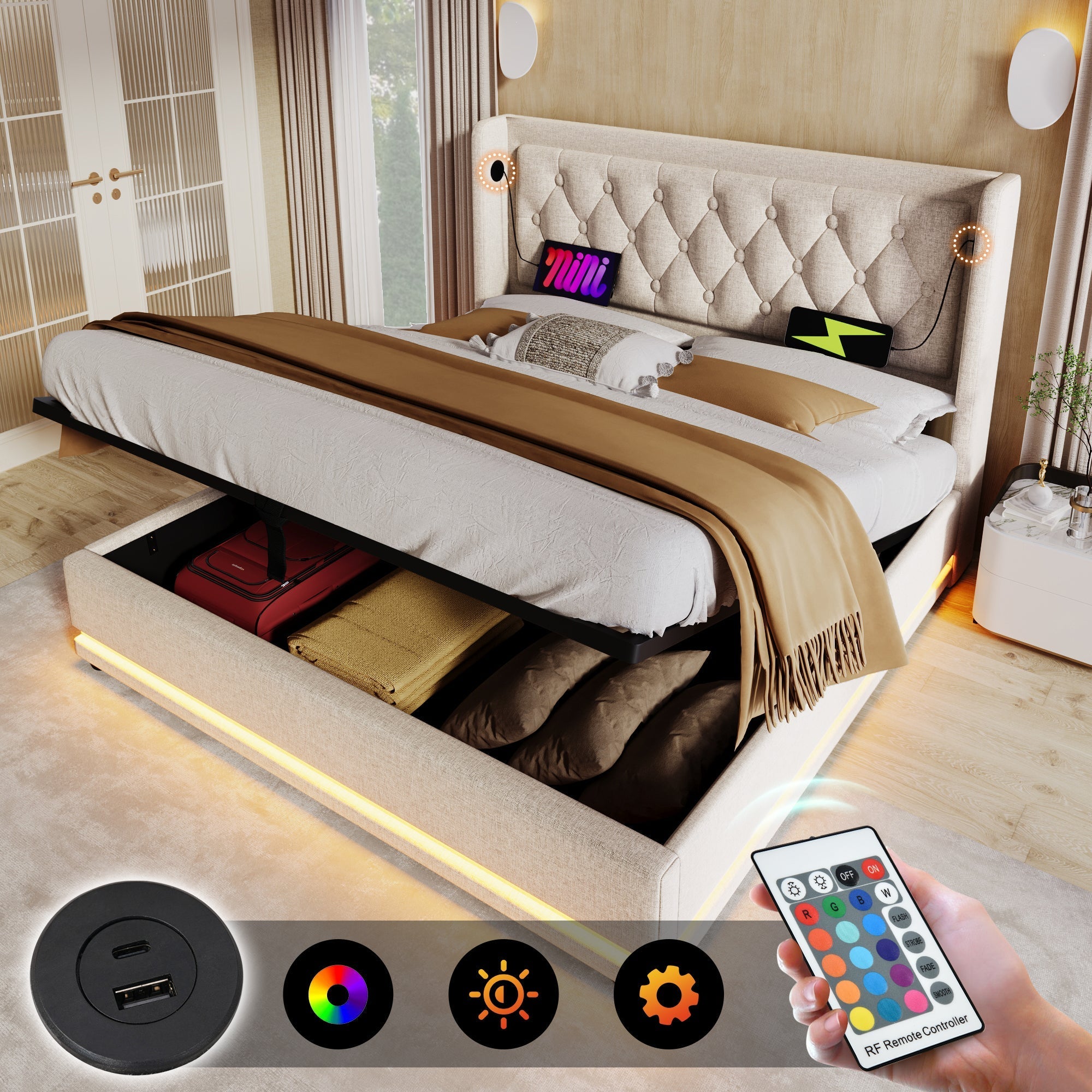 Upholstered Double Bed with Hydraulic Storage, USB and LED, 180x200cm, Beige Cotton
