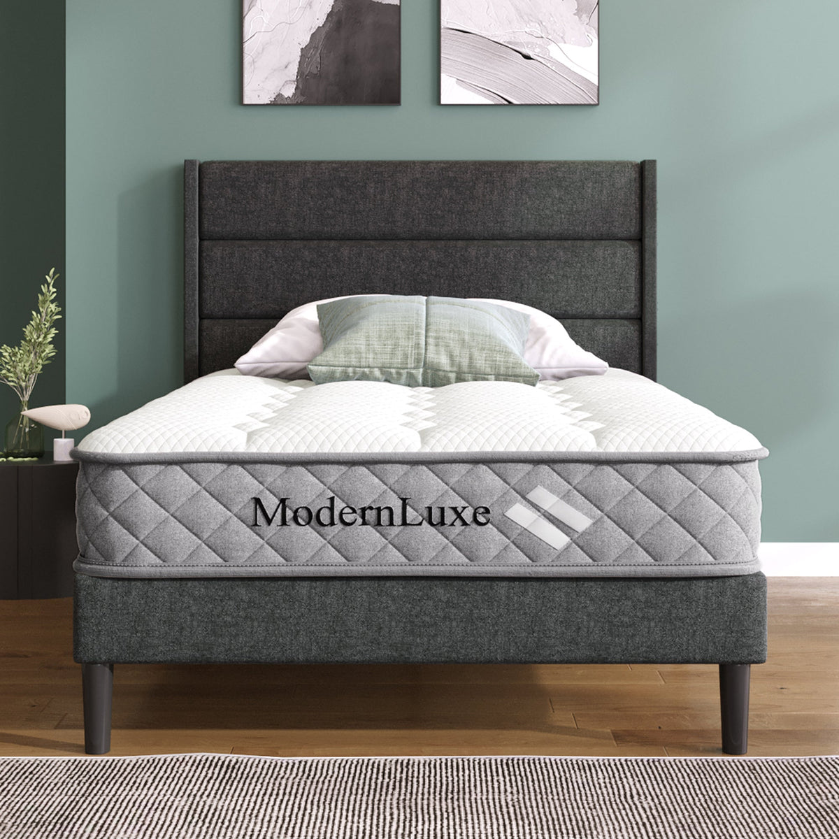 Upholstered Bed, 90x200cm with Slatted Frame & Headboard, Grey Linen