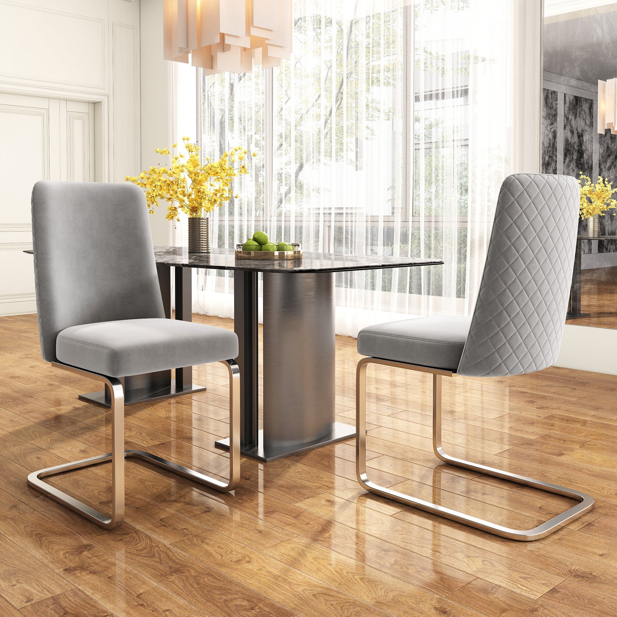 Velvet Dining Chair Set of 2 Diamond Back Silver Legs - Grey