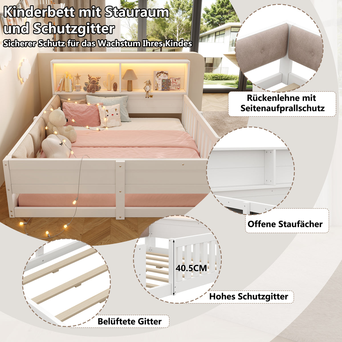 Flatbed Kids Bed 140x200cm with LED Light & Railings, White