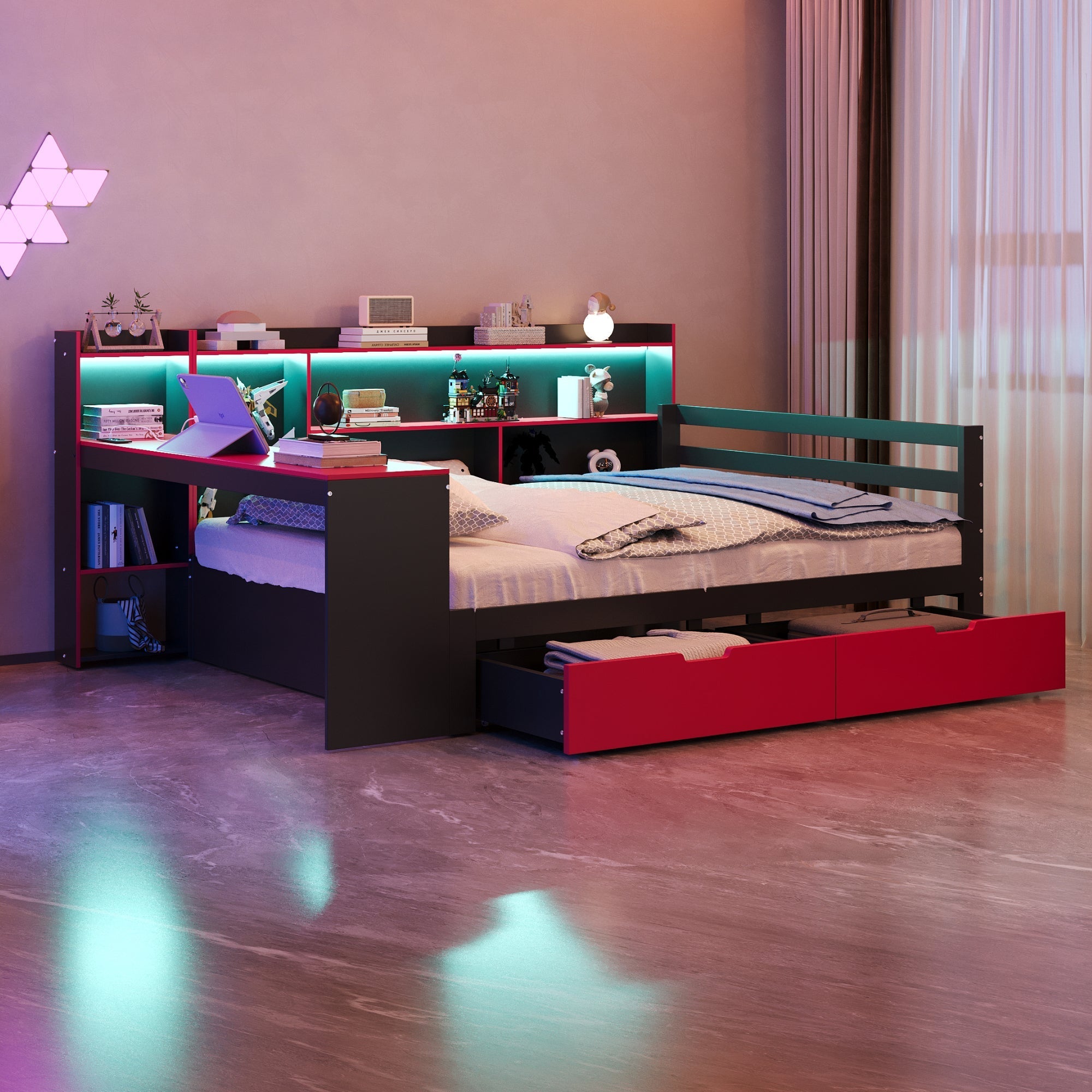 Wooden Sofa Bed with Desk, Bookshelf, Storage and LED, 140x200cm, Black and Red Wood