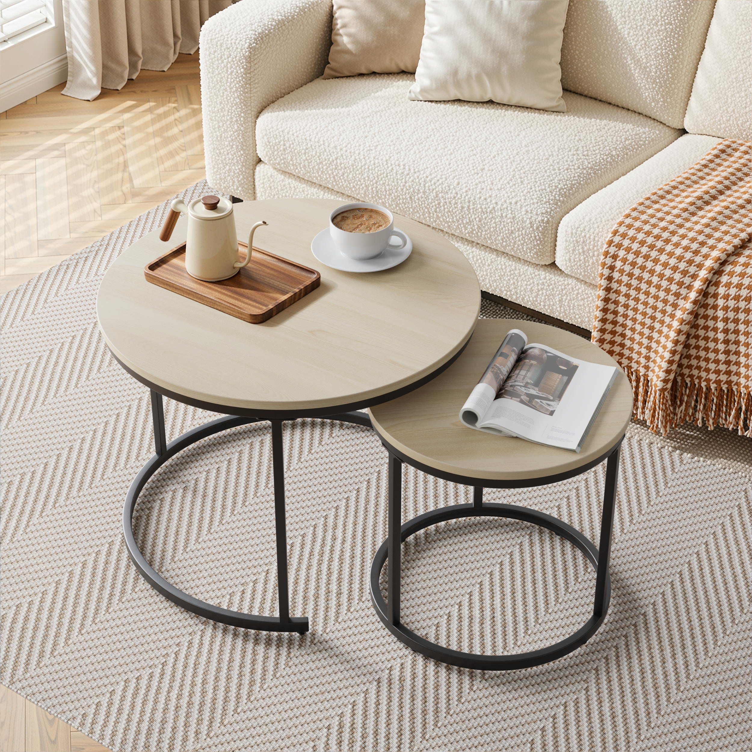 Nesting Coffee Table Set, 2-Piece Round 60cm Modern Design, Oak Veneer and Metal