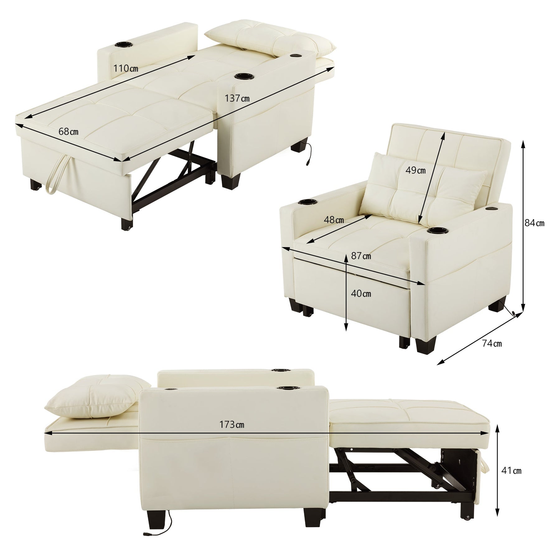 3-in-1 Pull-Out Sofa Bed - Cup Holders & USB Port, Single