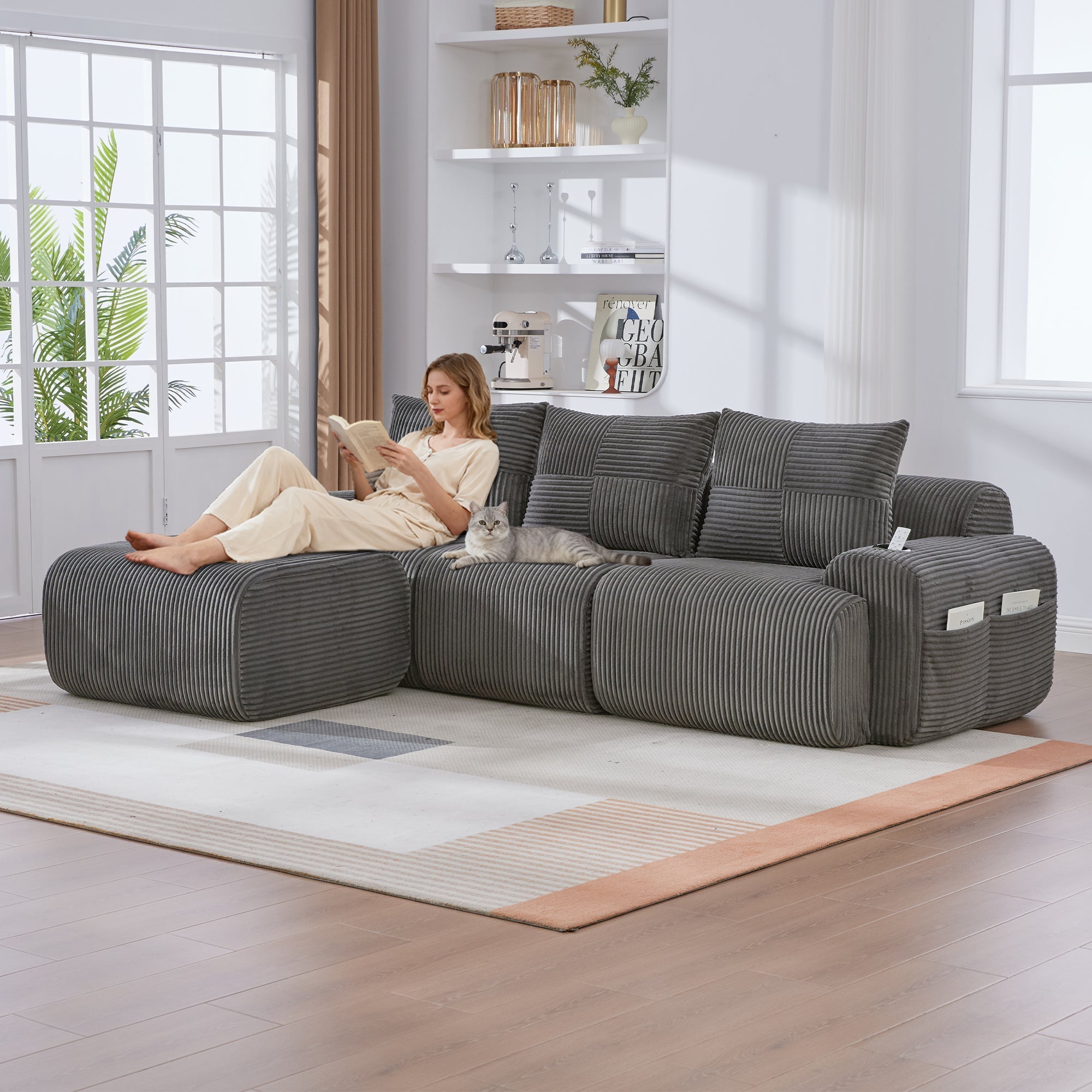 3-Seater Modular Corduroy Sofa with Ottomans, Cup Holders and Storage, Dark Grey