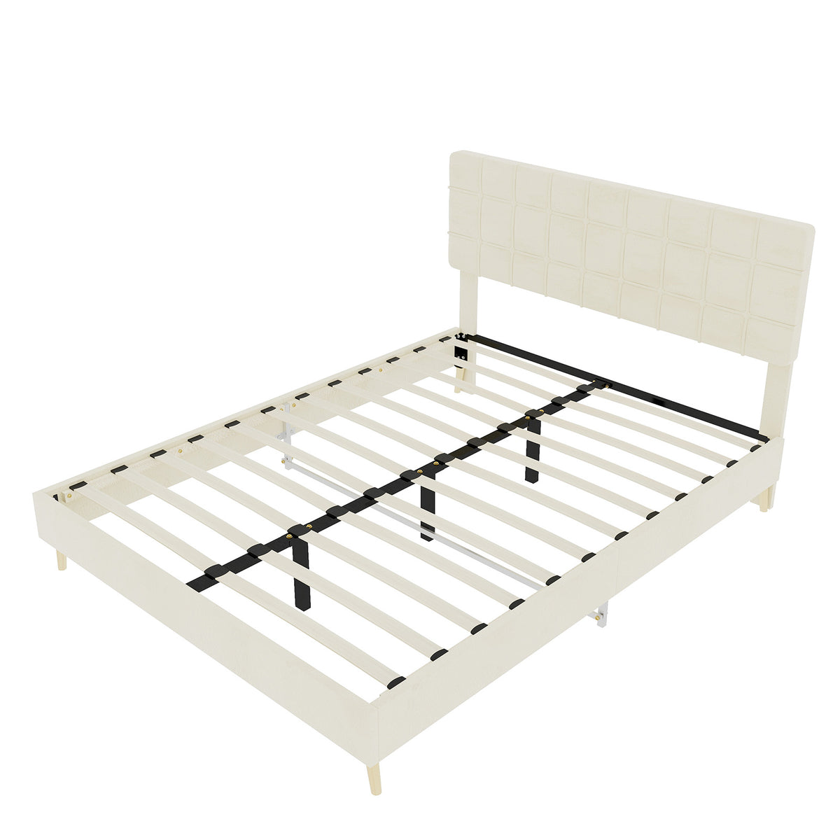 Modern Double Bed with Plaid Headboard, 160x200cm, Beige Fabric