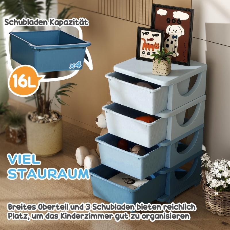 Kids' Storage Boxes, 4 Drawers, Rounded Edges, Plastic, Blue
