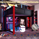 Gaming Loft Bed 140x200cm with Desk & LED, Black + Red