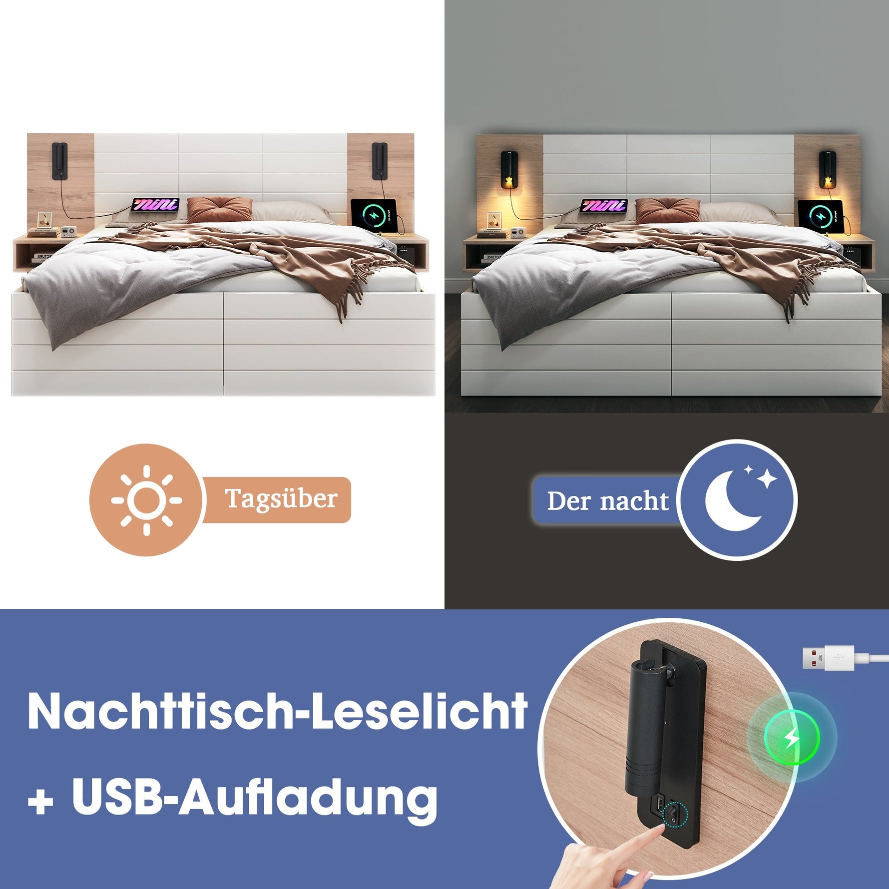 Double Wooden Bed, 160x200cm with 2 Drawers, Reading Light & USB, Oak/White