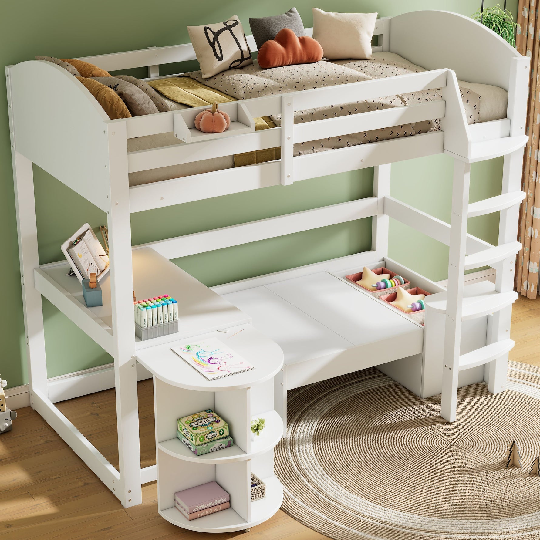 Children's Bunk Bed Multifunctional Ladder Pull-out Table Storage Sofa 90x200, White