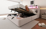 Upholstered Bed 180 x 200 cm, Hydraulic Storage with Fold-Down Headboard and LED Lighting, Beige Velvet