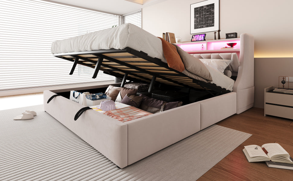 Upholstered Bed 180 x 200 cm, Hydraulic Storage with Fold-Down Headboard and LED Lighting, Beige Velvet