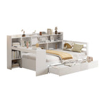Solid Wood Sofa Bed with Desk, Bookshelf, Storage, Power Outlet - White