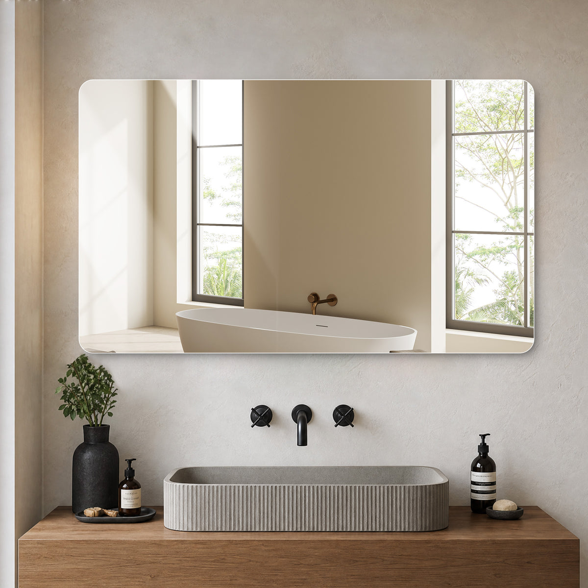 Bathroom Mirror 60x100 cm, Frameless Rounded Corners, Silver Glass