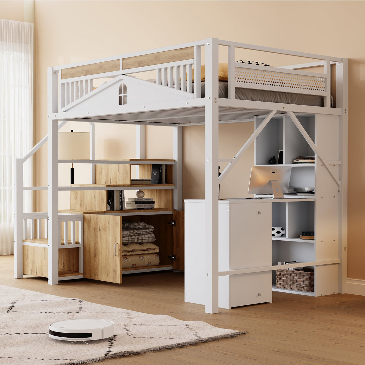 Metal Loft Bed 140x200cm Safety Enclosure with Window & Ladder Locker, White