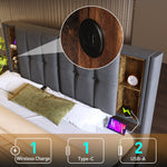 Double Bed with Wireless Charging & Storage, 160x200cm Upholstered, Grey Cotton