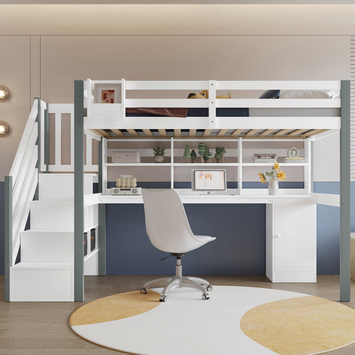 Mid-Height Bed 90x200cm with Desk, Storage & Ladder, White & Grey