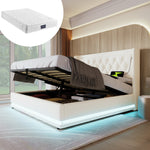 Upholstered Double Bed, Hydraulic Storage, USB-C Charging, LED, White PU