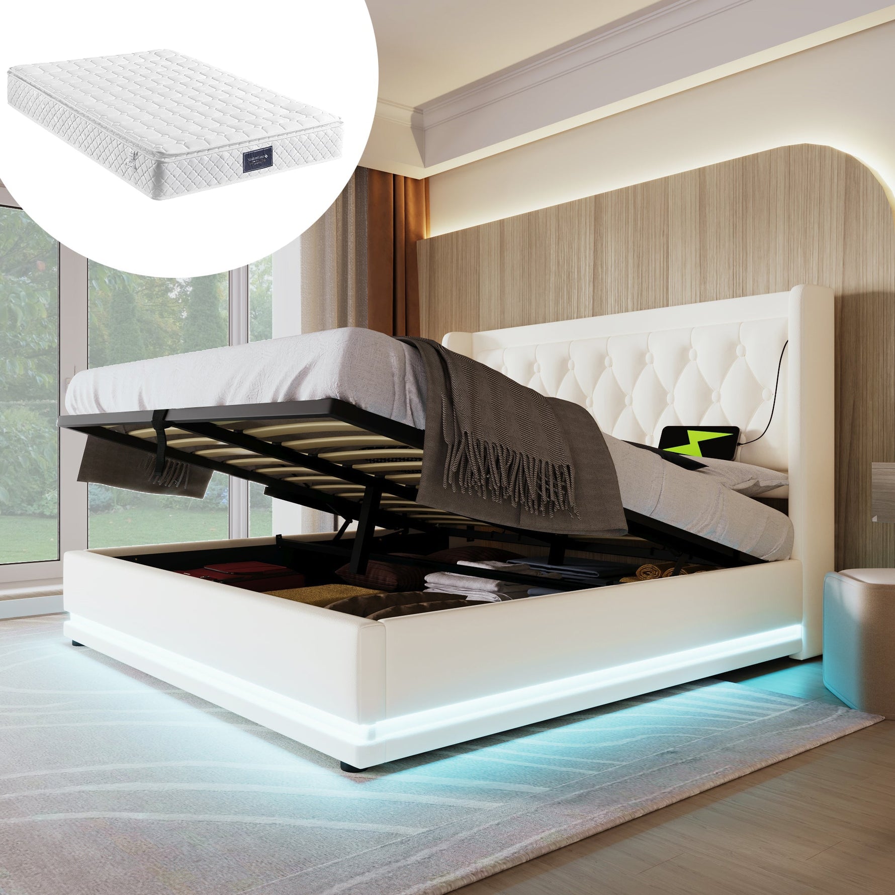 Upholstered Double Bed, Hydraulic Storage, USB-C Charging, LED, White PU