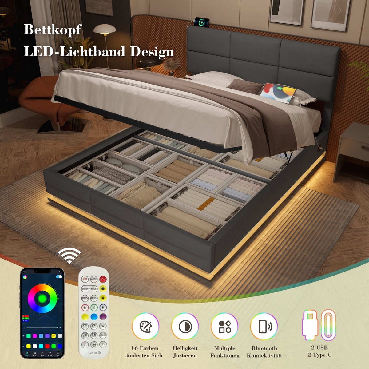 Upholstered Bed 160x200cm Hydraulic Storage Adjustable Headboard LED USB/Type-C - Velour Grey