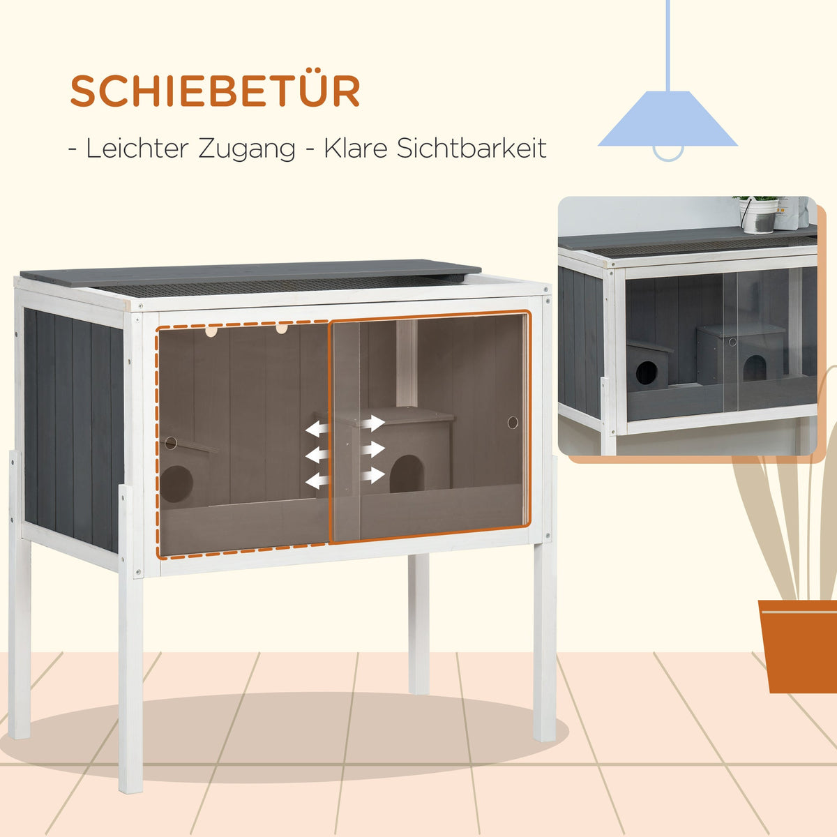Hamster Cage, 2 Huts, 82 x 45 x 81 cm, Grey Wood