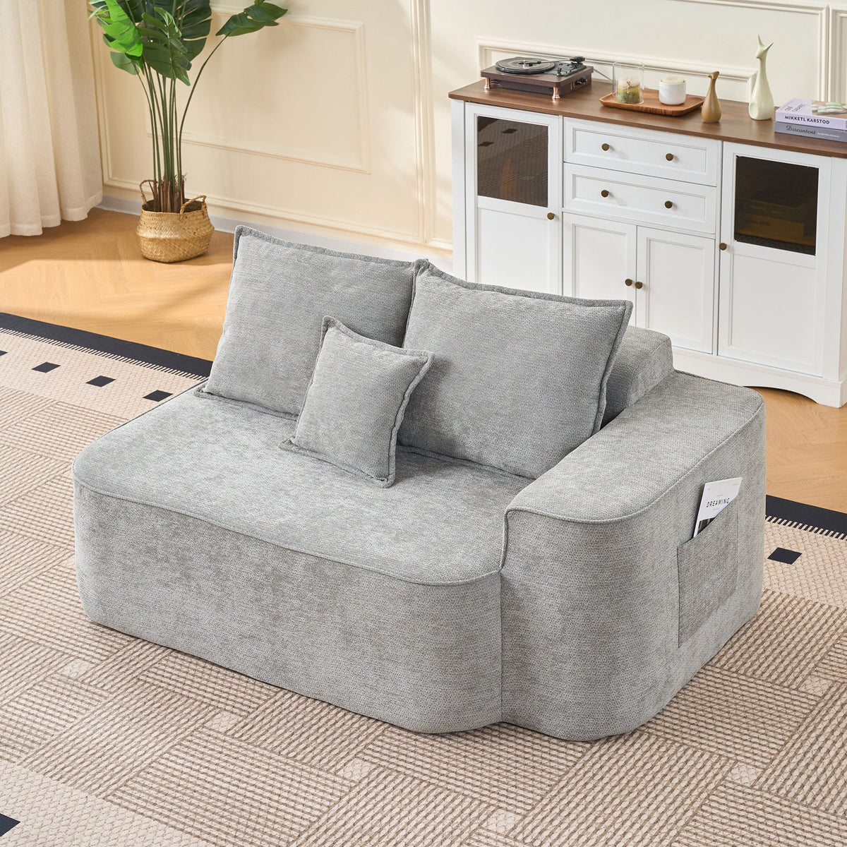 Comfortable 2-Seater Sofa with Side Pockets and Cushions, No Assembly, Grey