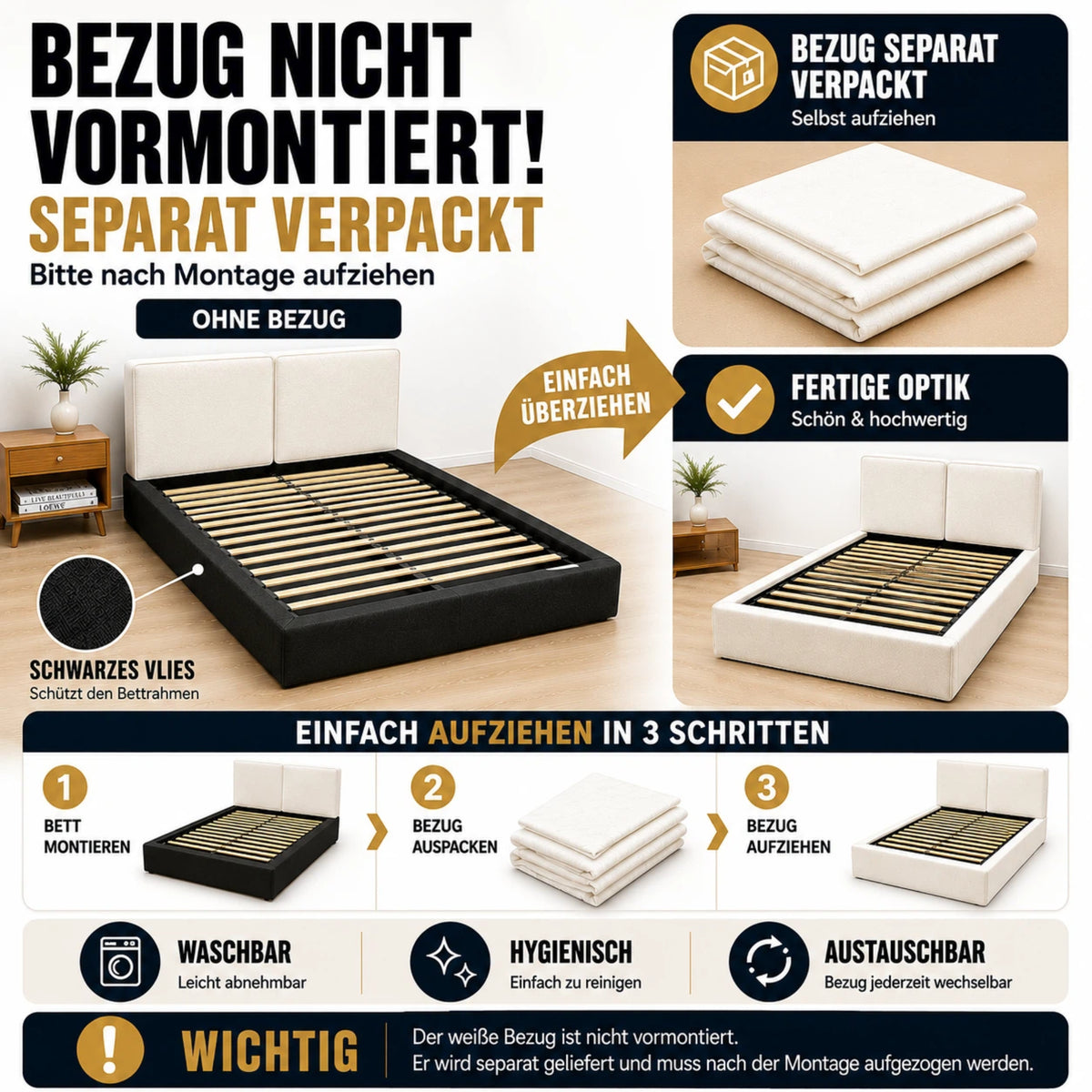 Upholstered Double Bed 160x200cm, Slatted Base, Beige Chenille