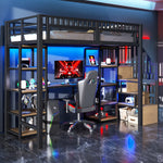 Loft Bed with Desk, LED Lights, USB Port and Storage Ladder, Black Iron Frame