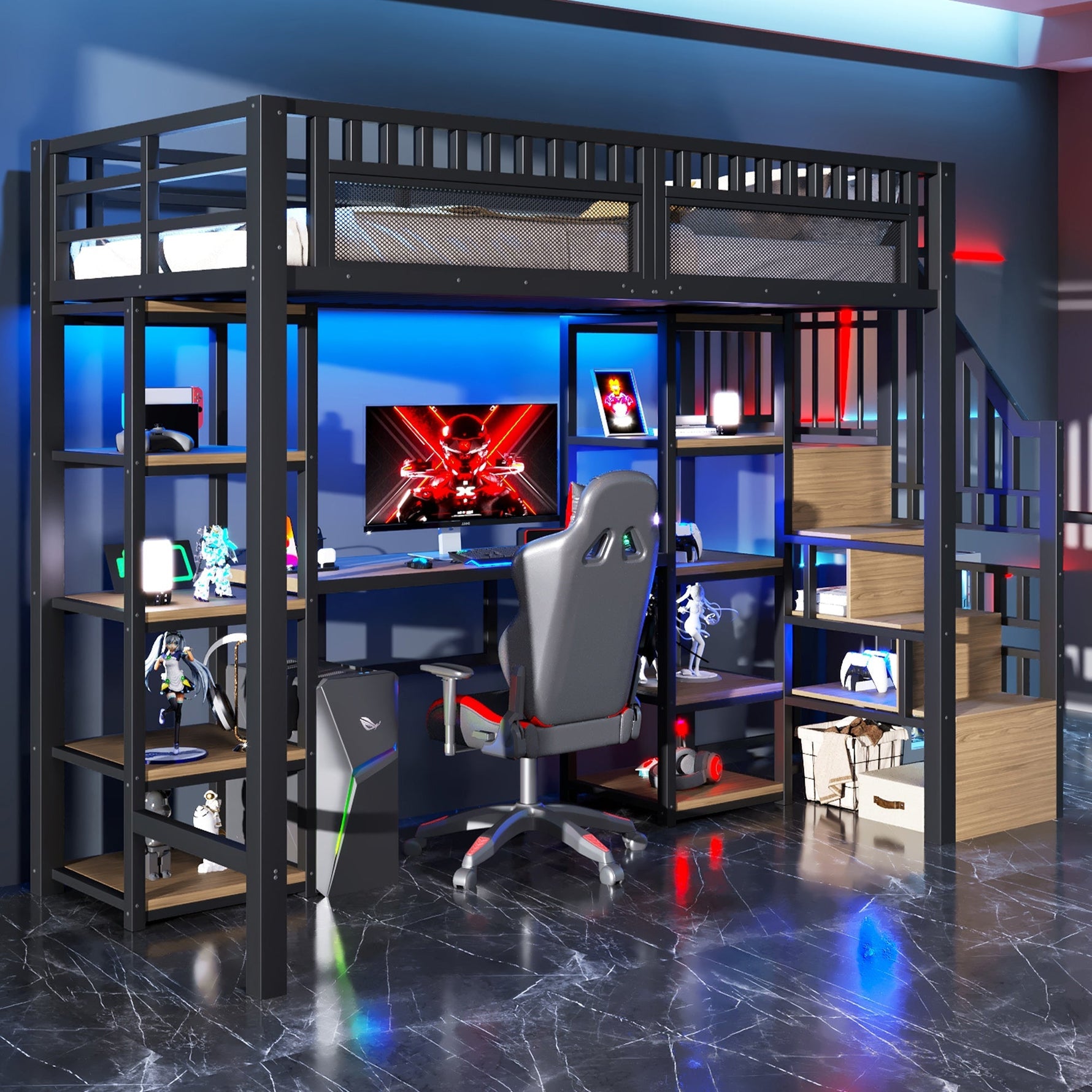 Loft Bed with Desk, LED Lights, USB Port and Storage Ladder, Black Iron Frame