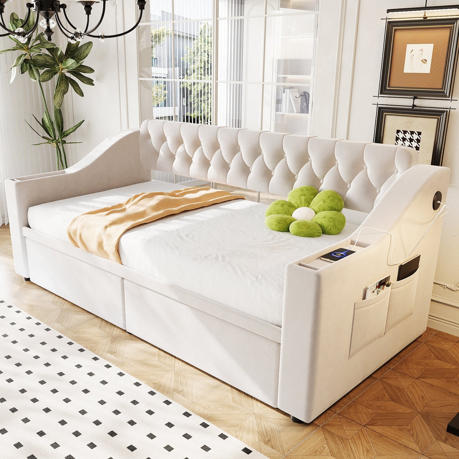Upholstered Sofa Bed with USB Port, Storage Armrests and Drawer, Beige Velvet