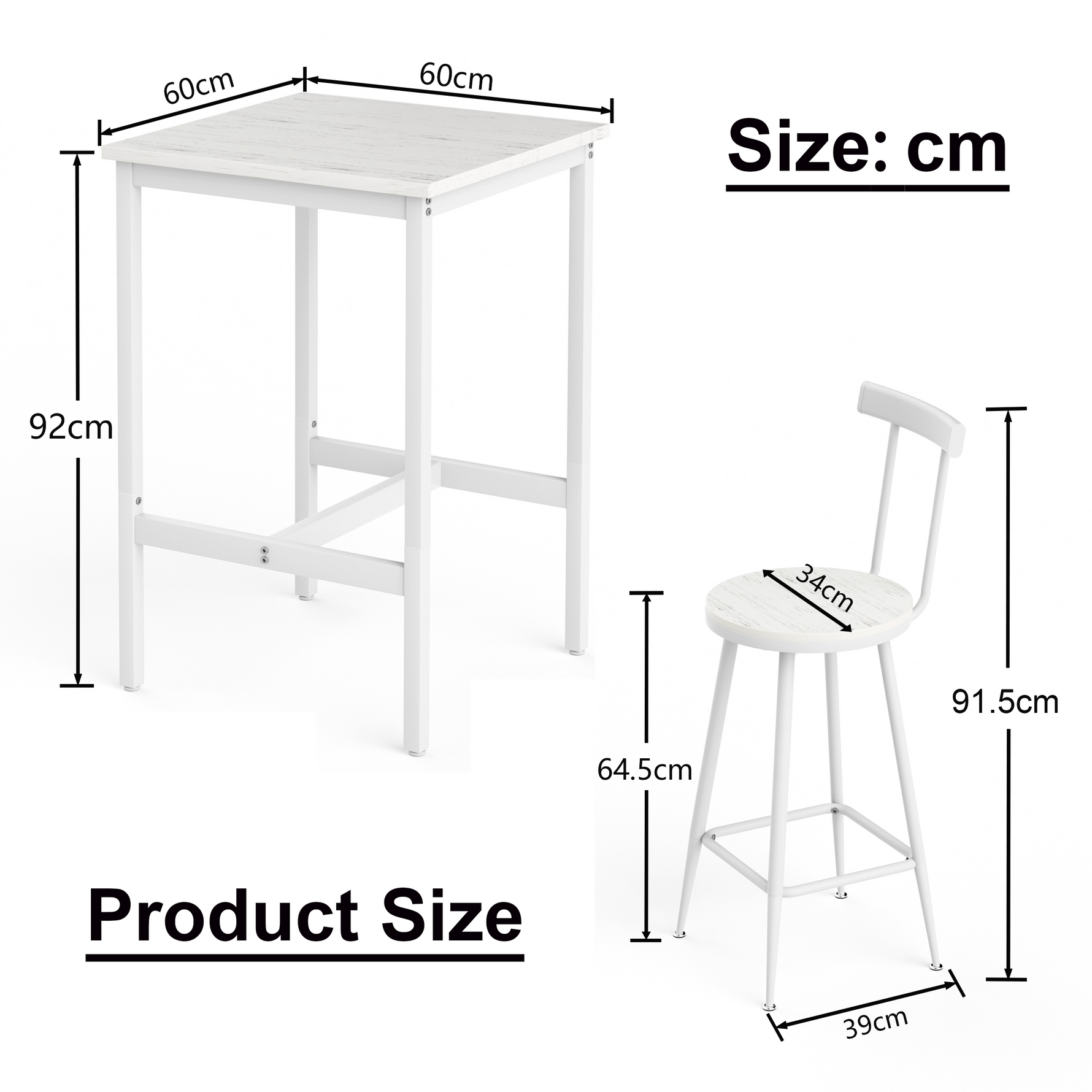 Bar Table and 2 Stools Set Industrial Style Metal Frame - White