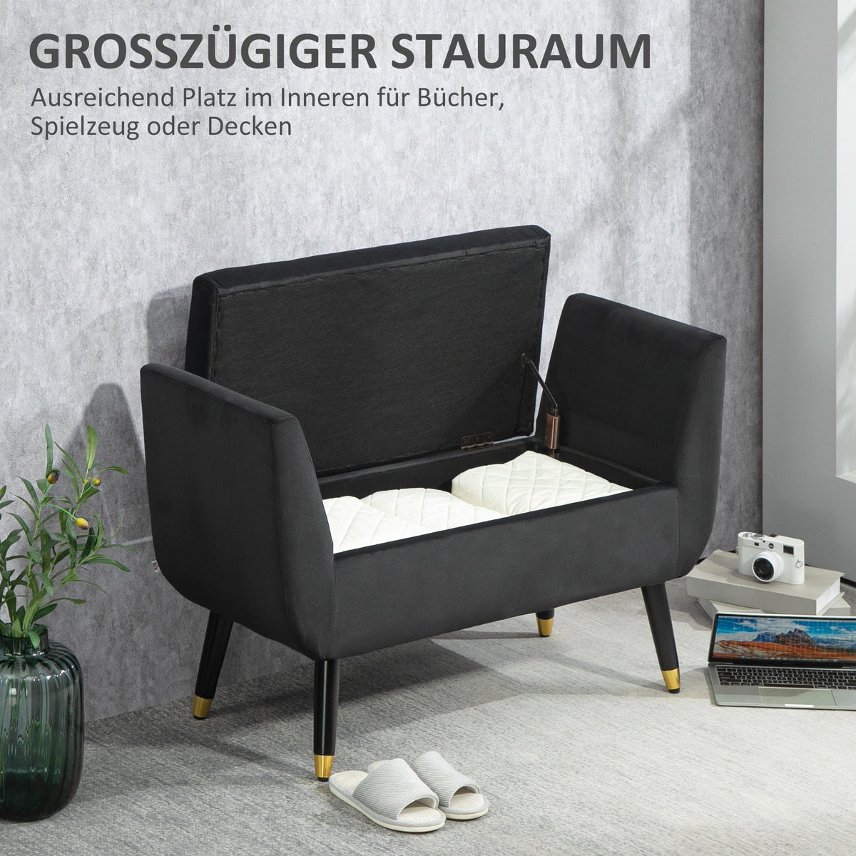 Luxury Upholstered Bench with Storage Armrests, Velvet, Dark Grey