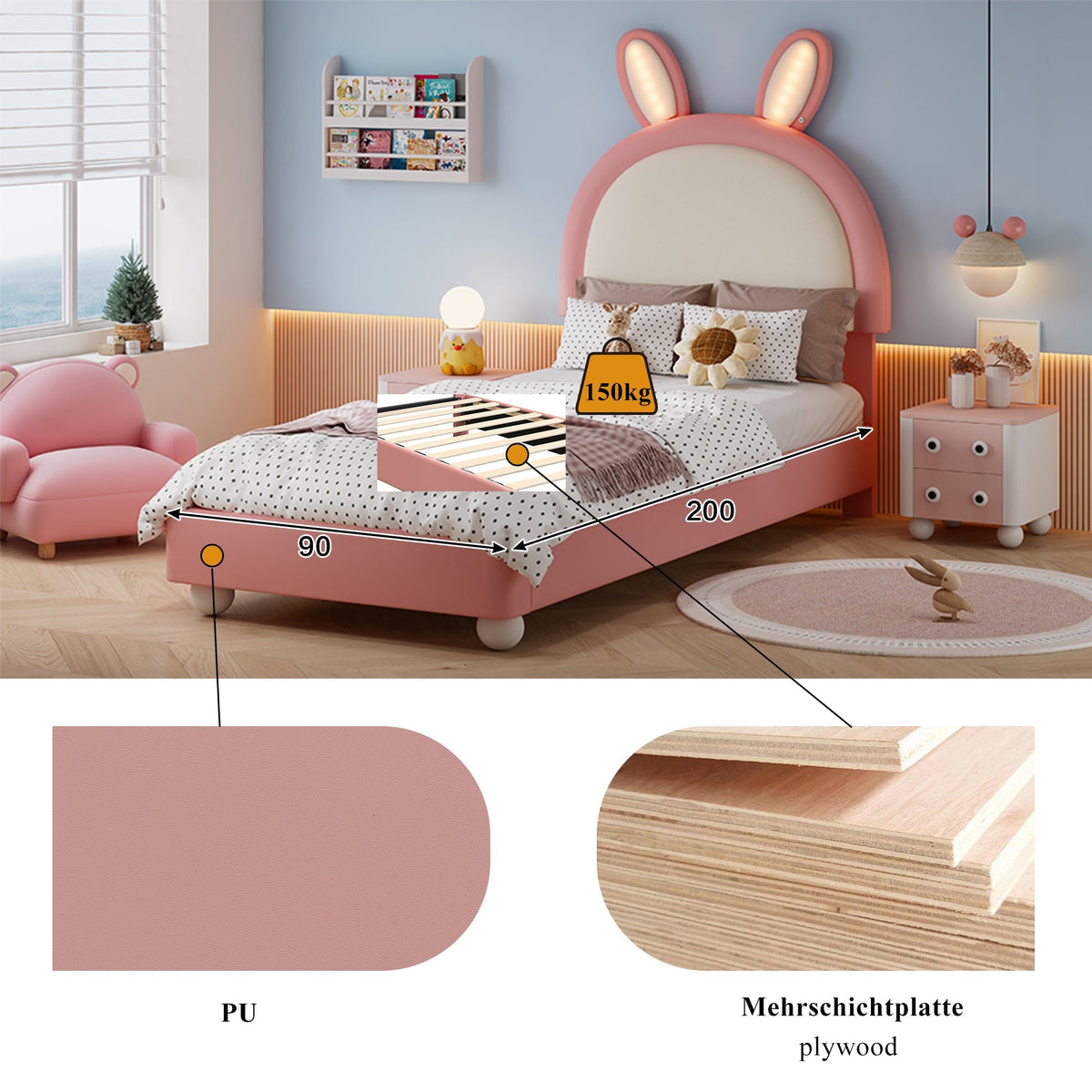 Upholstered Single Bed with Rabbit-Shaped Headboard and LED Light Strip, 90x200cm, Pink and White PU + Plywood